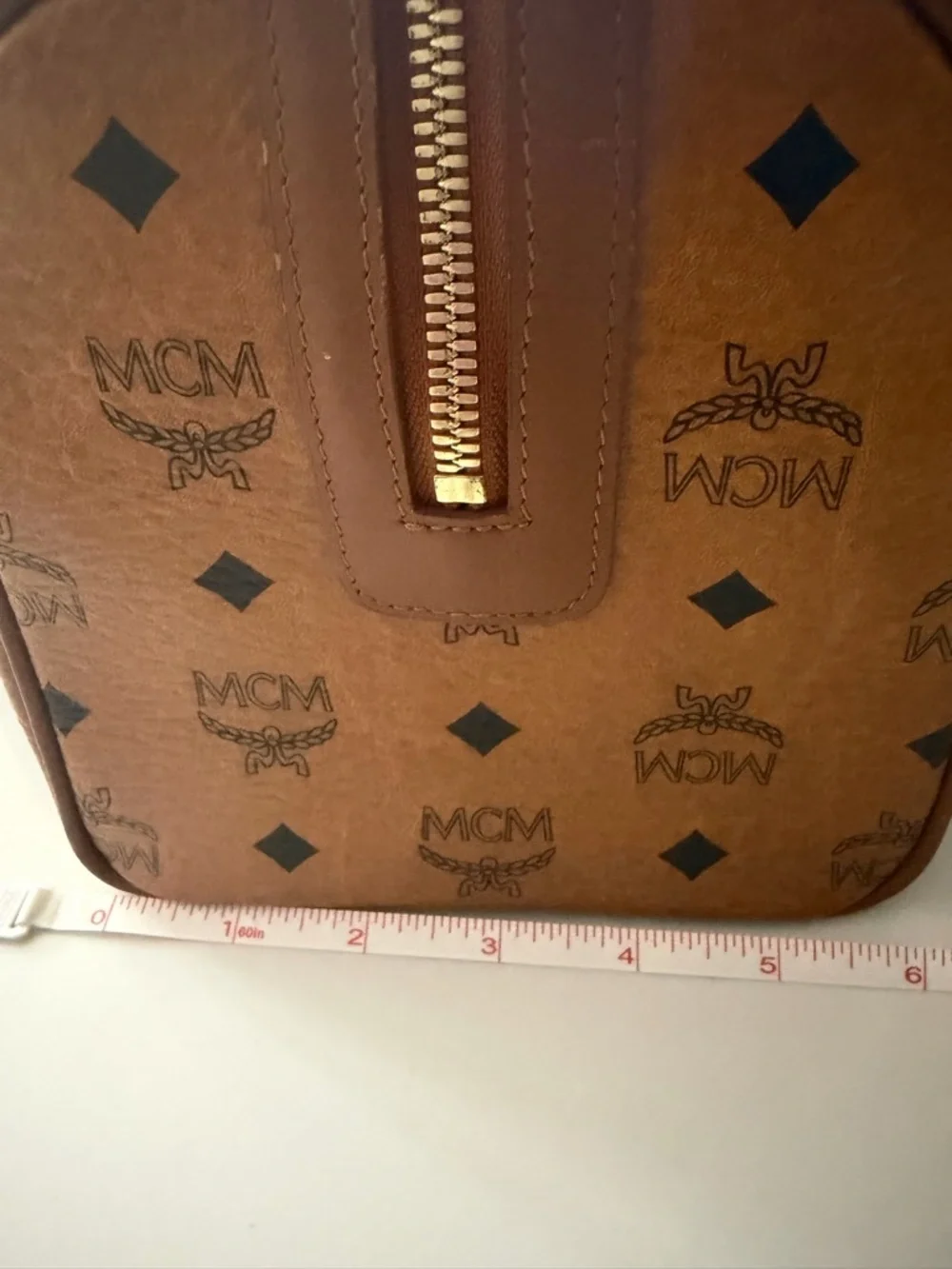 MCM Vintage Cognac Visetos Monogram Boston Satchel Bag with Gold Logo Plate